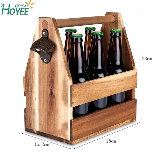 Wood Beer 6 Pack Carrier Basket with Bottle Opener