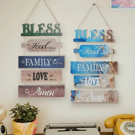 Large Bless Hanging Wall Sign Custom Rustic Wooden Family Food Love Sign Decor for Kitchen Dining Room Living Bedroom Outdoor