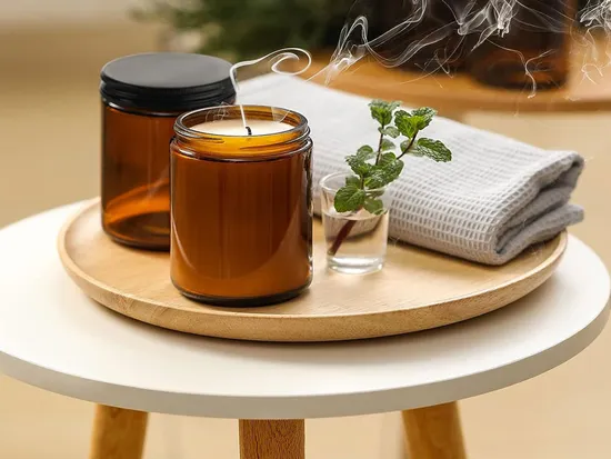 Wholesale Amber Glass Candle Holders Amber Glass Candle Jar with Wood Lid Metal Lid