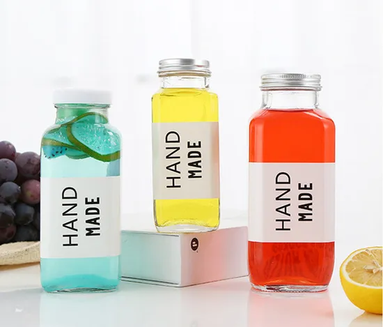 8oz Glass Beverage Milk Use French Square Bottle Glass Bottle with Silver Screw Lid