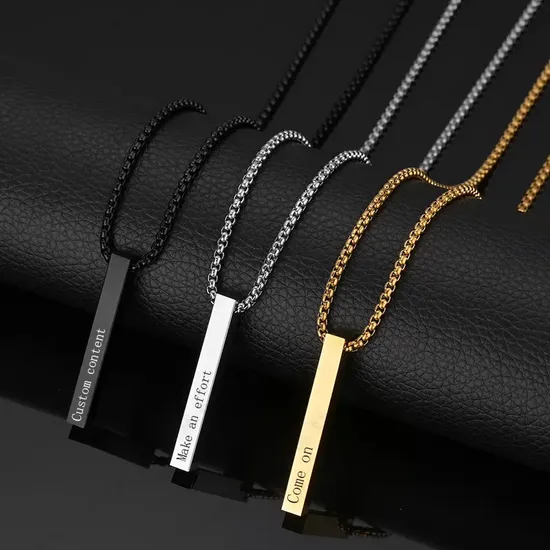 Wholesale Price Fashion Decoration Gifts Engraved Custom 3D Silver Gold 4 Sides Personalized Valentines Mothers Day Gold Silver Pendant Necklace