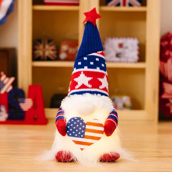 Independence Day Knitted Hat Rudolph Holding a Flag and Heart with Light