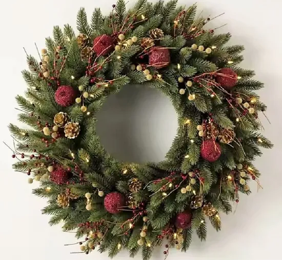 24inch Mixed Tips Pre-Lit Wreath with Red Berry and Pinecone Decoration