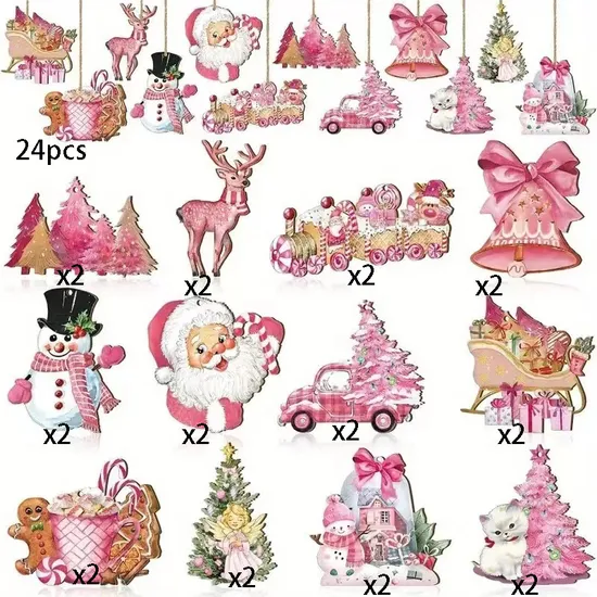 Pink Christmas Wooden Decoration Pendants, Holiday Christmas Tree Decoration, Room, Window, Porch Decoration Supplies
