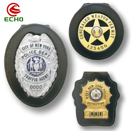 China Wholesale Custom Logo Metal Souvenir Us Sheriff Pilot Security Officer Shield Military Police Lapel Pin Badge with Leather Clip
