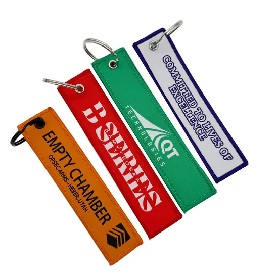 Promotional Gifts Custom Different Design Double Sided Logo Custom Embroidered Fabric Keytag Woven Keychain