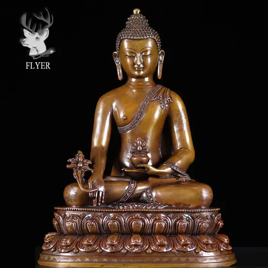 Brass India Style Medicine Buddha Statue on Lotus Base Holding Flower and Alms Blowl