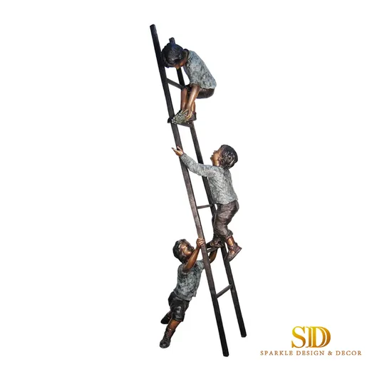 Outdoor Garden Bronze Statues of Three Kids on a Ladder Bronze Sculpture for Sale