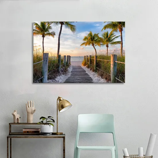 Beach Sea View Bridge Palm Trees Beautiful Sunset Sunrise Wall Art Painting Modern Home Decor Seascape Cheap