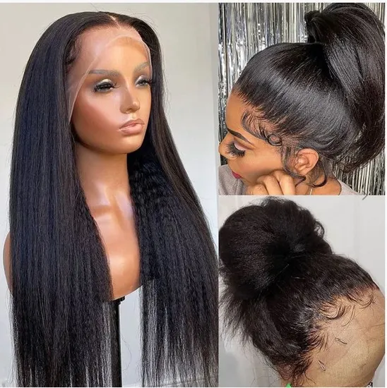 360 Full Lace Front Wigs Human Hair Pre Plucked Exotic Kinky Straight Wig with Ponytail
