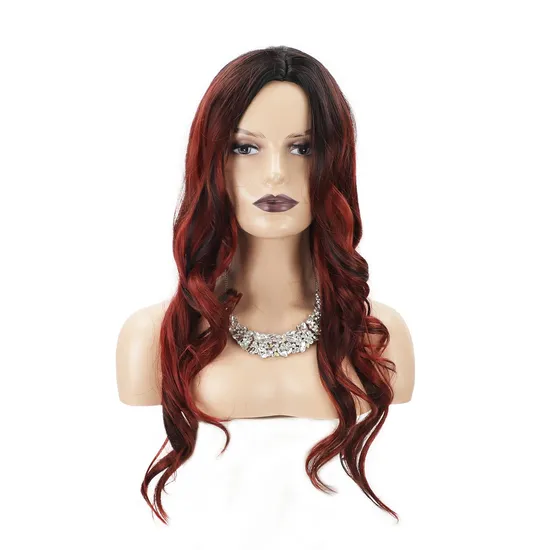Heat Resistant Hair 24 Inch Long Curly Layer Loose Wave Black Mix Red Color Glueless Breathable Hairnet Synthetic Wigs
