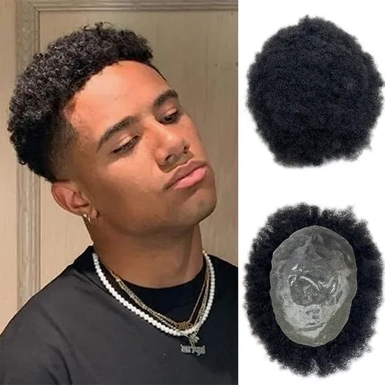 African Curl Men′s Wig Blocks Full PU Real Hair Human Hair V-Pin Hair Blocks