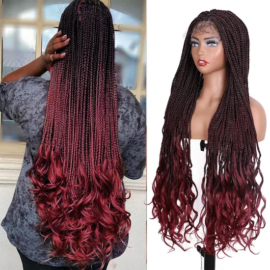 26 Inch Long Knotless Box Braided Wigs for Women Embroidery Full Double Lace Braids Wigs with Water Wavy Loose Curls Ends