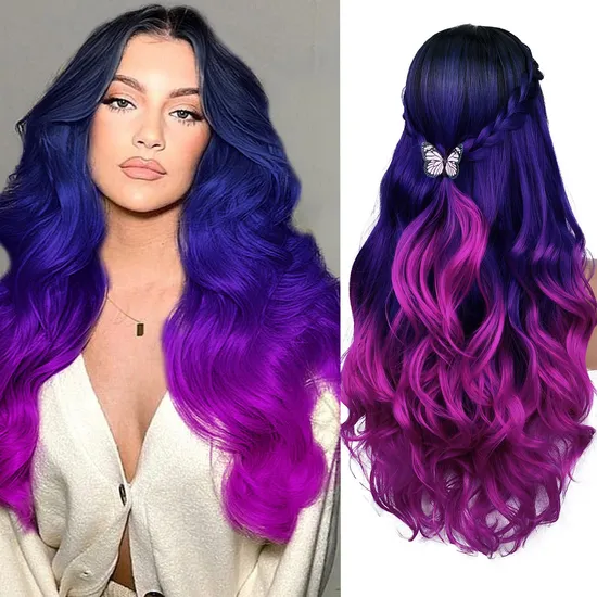 Long Purple Wavy Wigs Ombre Purple Body Wave Mermaid Hair Wig