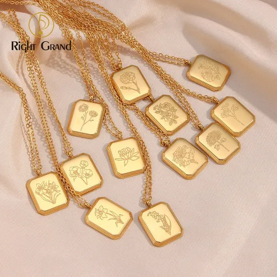 Wholesale Fashion Gift Jewelry Square Embossed 12 Month Birth Flower Pendant Necklace