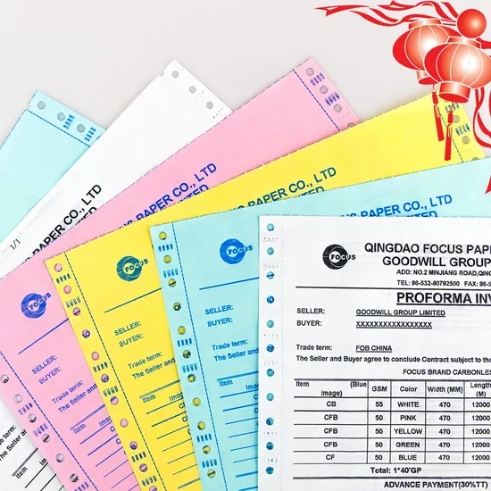 China Manufacturer 100% Wood Pulp Blue Image Black Image 48/50/55GSM CB CFB CF NCR Paper Carbonless Paper Used for Fan Apart Glue