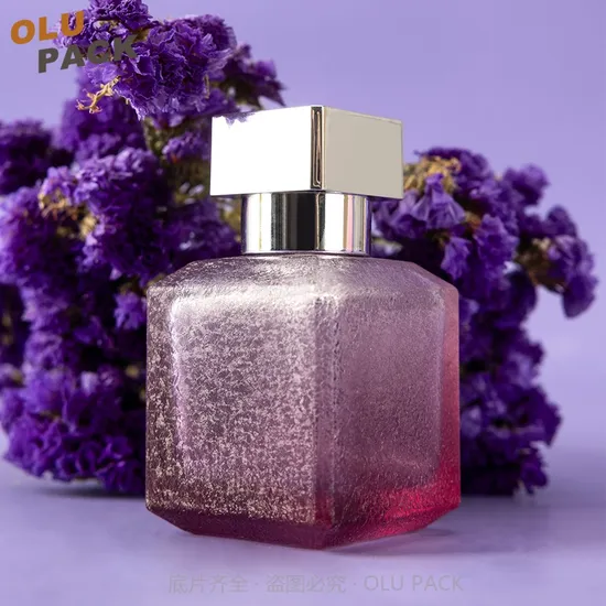 Customized Purple Ombre Cracking 50ml Cube Cologne Perfume Parfum French Glass Bottle with Fine Mist