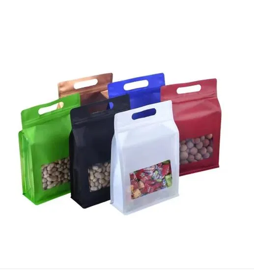 1kg Flat Bottom Zipper Packaging Pouch with Window Aluminum Plated Resealable Eco Friendly Eight Side Sealing Bags with Handle
