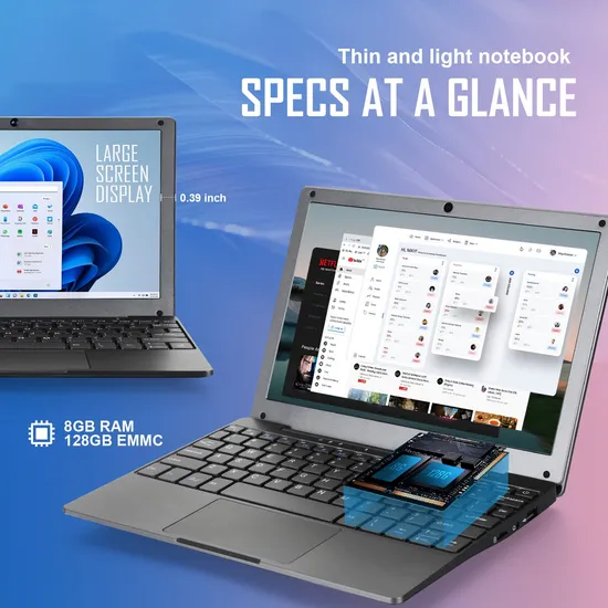 Nbd Iron Gray Windows Notebook 8GB 128GB Intel Celeron Quad Core Processors Laptop