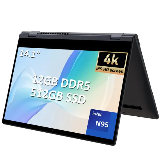 DDR5 RAM Fingerprint Unlock Rotation 14.1-Inch Yoga 4K UHD Intel N95 Laptop