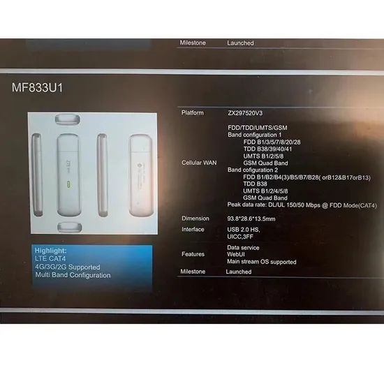 Mf833u1 4G USB Modem Wireless WiFi Router Laptop Tdd FDD Cat4 Hotspot Dongle