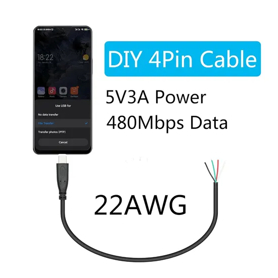 Durable 5V/2A USB Type C Pigtail Data and Power Cable