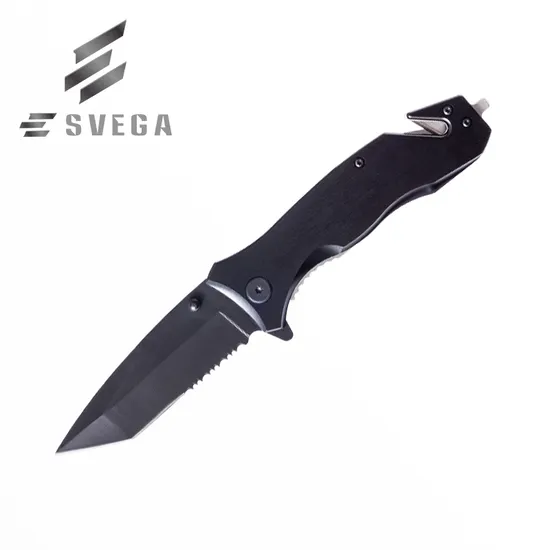 7cr Folding Knife with Belt Cutter Brushed Aluminum Handle