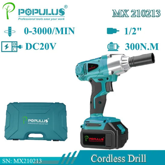 Populus Industrial Quality 20V Rechargeable Lithium Wrench 1/2" 3000bpm Impact Rate Electric Brushless Impact Wrench Cordless Wrench for Turkish Market