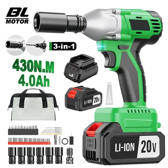20V 430nm High Torque Cordless Brushless Impact Wrench, 3 in 1 Electric Impact Wrench for Car, Support OEM/ODM