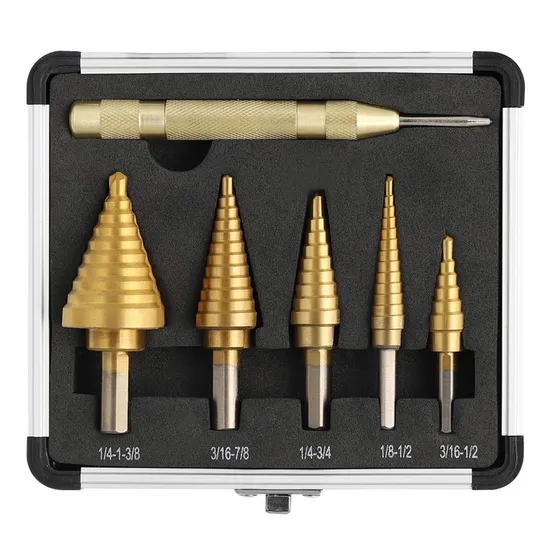 HSS 5PCS Titanium Step Drill Bit Set with Automatic Center Punch, 50 Sizes in 5 High Speed Steel Drill Bits Set for Sheet Metal with Aluminum Case.