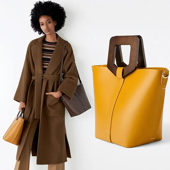 Custom Smooth Leather Wooden Handle Ladies Hand Bag Women Bucket Handbag