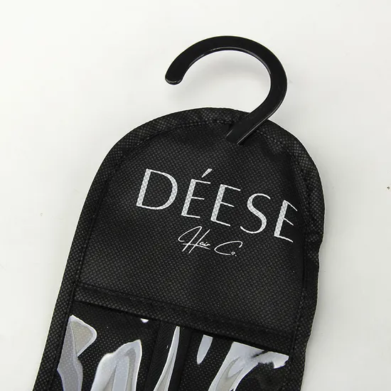 Personalized Black Non-Woven Hair Packaging Bag with Hanger and Logo Print