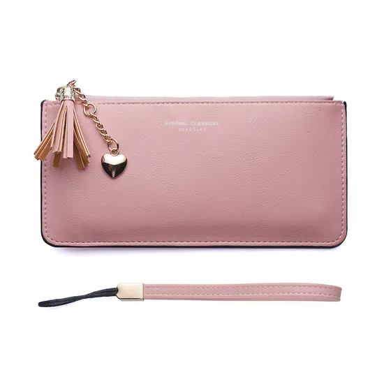 Fashion PU Leather Phone Holder Women Purse Metal Heart Tassel Decoration Wallet