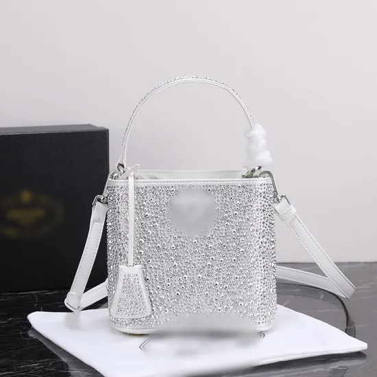 Crystal Bucket Bag, Enamel Metal Triangle Logo, White Model