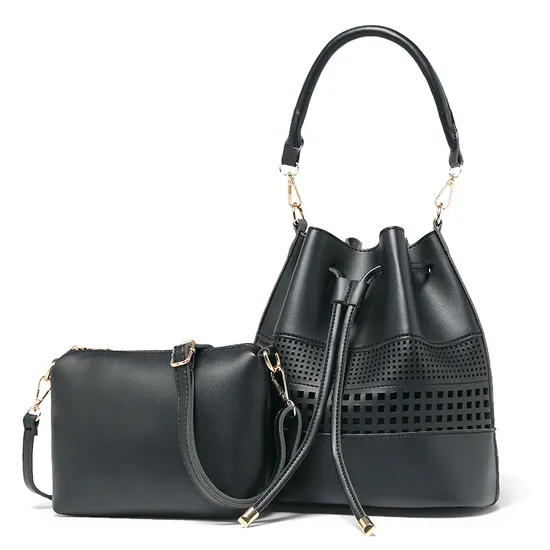 Hot Style Laser Cut PU Lady Bucket Handbags Fashion with Small Pouch