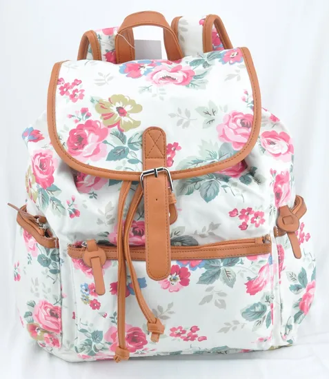 Drawstring Canvas Girls School Backpack Flowers Prints PU Trims