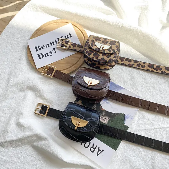 OEM Custom Logo PU Leather Beige Black Leopard Crocodile Mini Waist Bag Fanny Pack with Metal Chain