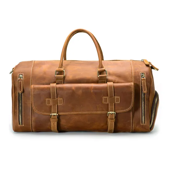 Factory Price Large Capacity Crazy Horse Leather Duffle Bag Brown Leather Travel Bag with Shoes Space