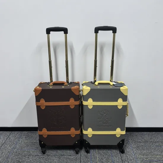 Custom Luxury High Quality PU Leather Aluminum Frame Travel Luggage Retro Vintage Suitcase Classical Travel Luggage Bag