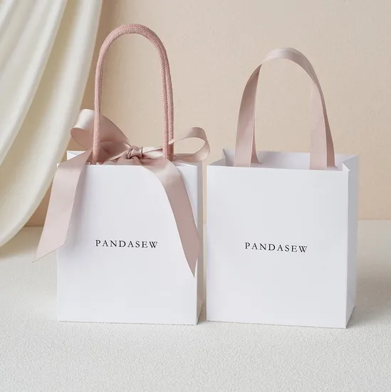 Pandasew Custom Logo Printing Handle Shopping Paper Bag White with Colorful Bow Ribbon Jewelry Art Cosmetic Handle Gift Kraft Paper Package