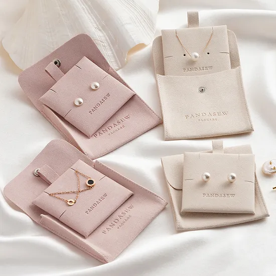Pandasew Wholesale Tiny Jewelry Package Pouch Set Custom Logo Microfiber Snap Button Bag Pouch with Insert Pad Hold Card Custom Logo Printed