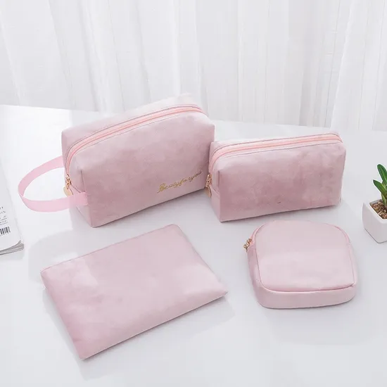 Custom Logo Velvet Makeup Pouch Travel Cosmetic Bags Pink Makeup Bag