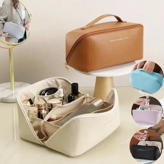 Makeup Bag Waterproof Portable PU Leather Toiletry Pouch Travel Multifunctional Cosmetic Case