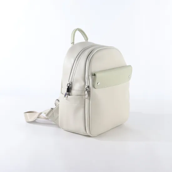 Sleek Beige Women′s Backpack with Green Accent Fashion-Forward Design