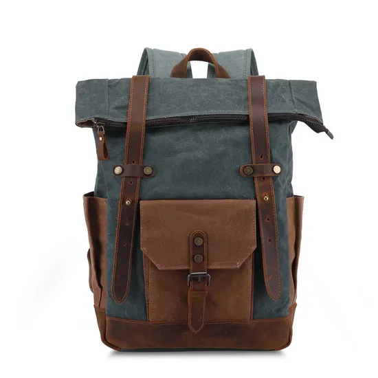 High Quality Outdoor Waterproof Waxed Canvas Cow Leather Backpack RS-02245