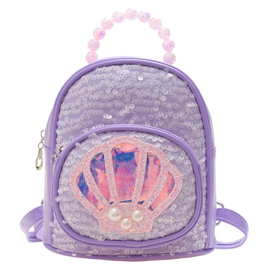 Fashion Pearl Shell Children′s School Backpack PU Sequins Cute Girls Travel Backpack Kids Bag