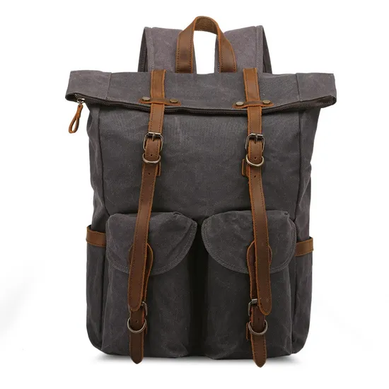 High Quality Outdoor Waterproof Waxed Canvas Cow Leather Backpack RS-02244