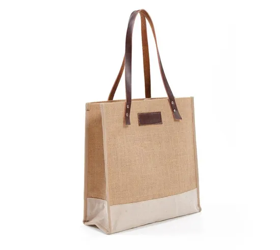 Brand Design Cowhide Leather Handle Strap Jute Linen Fabric Women Shopping Tote Bag