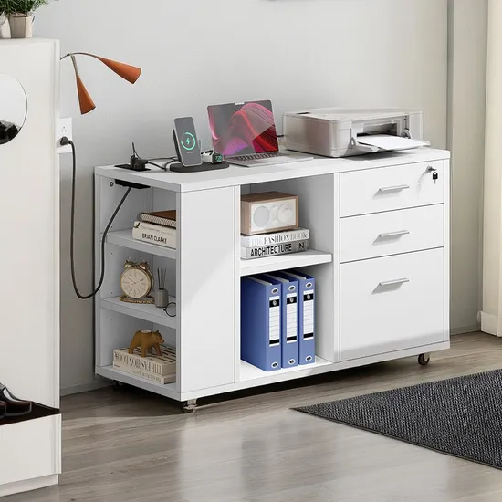 Filing Cabinets with Charging Post, Locking Mobile Side File Cabinet for Home Office