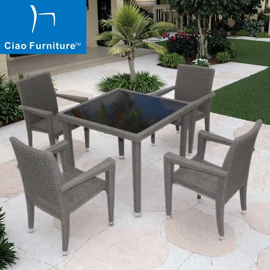 Wholesale Outdoor Restaurant 5 Pieces Garden Set Rattan Dining Table Chairs Furniture